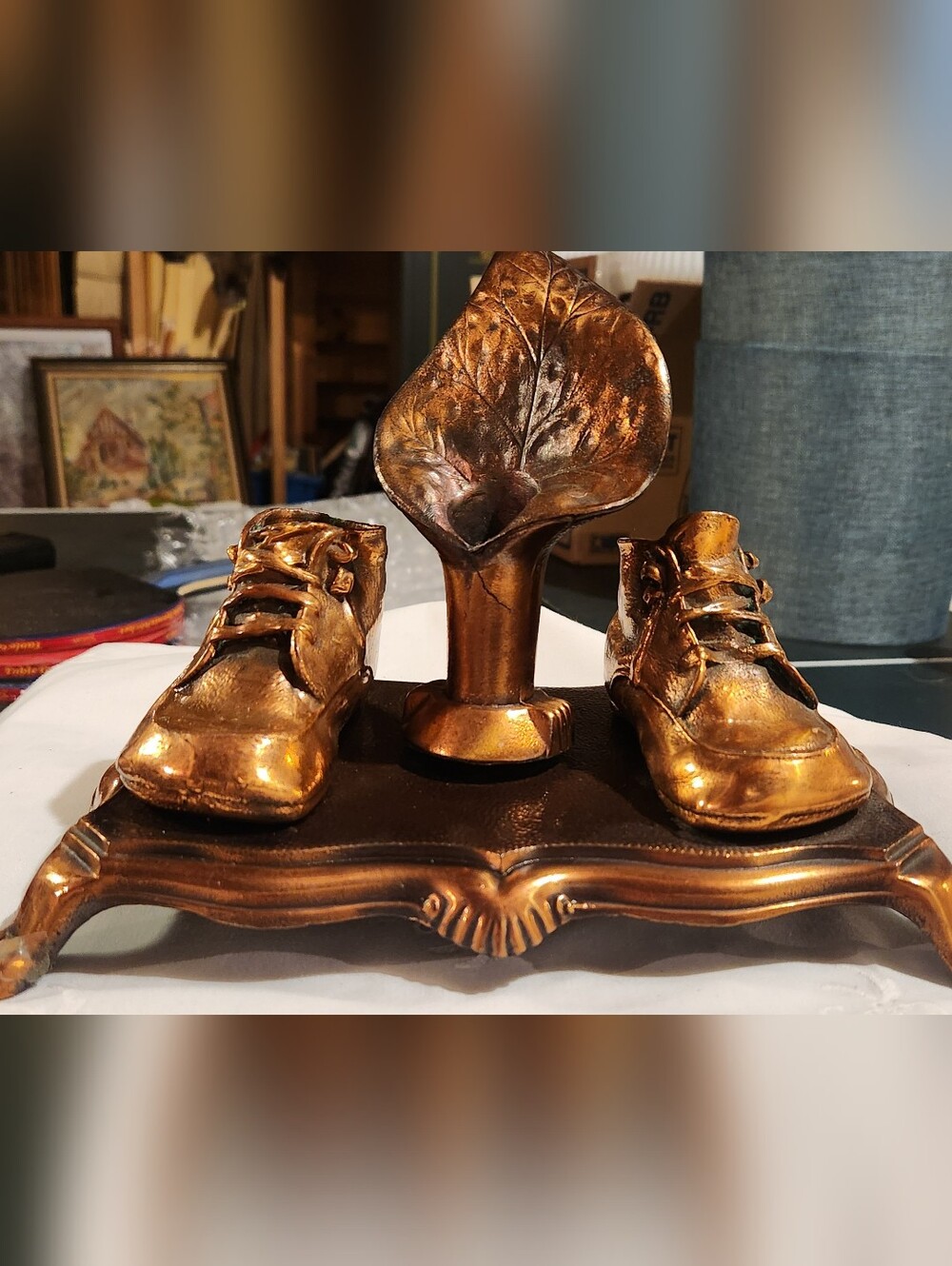 VINTAGE BRONZE BABY SHOES AND WITH CANDLE HOLDER